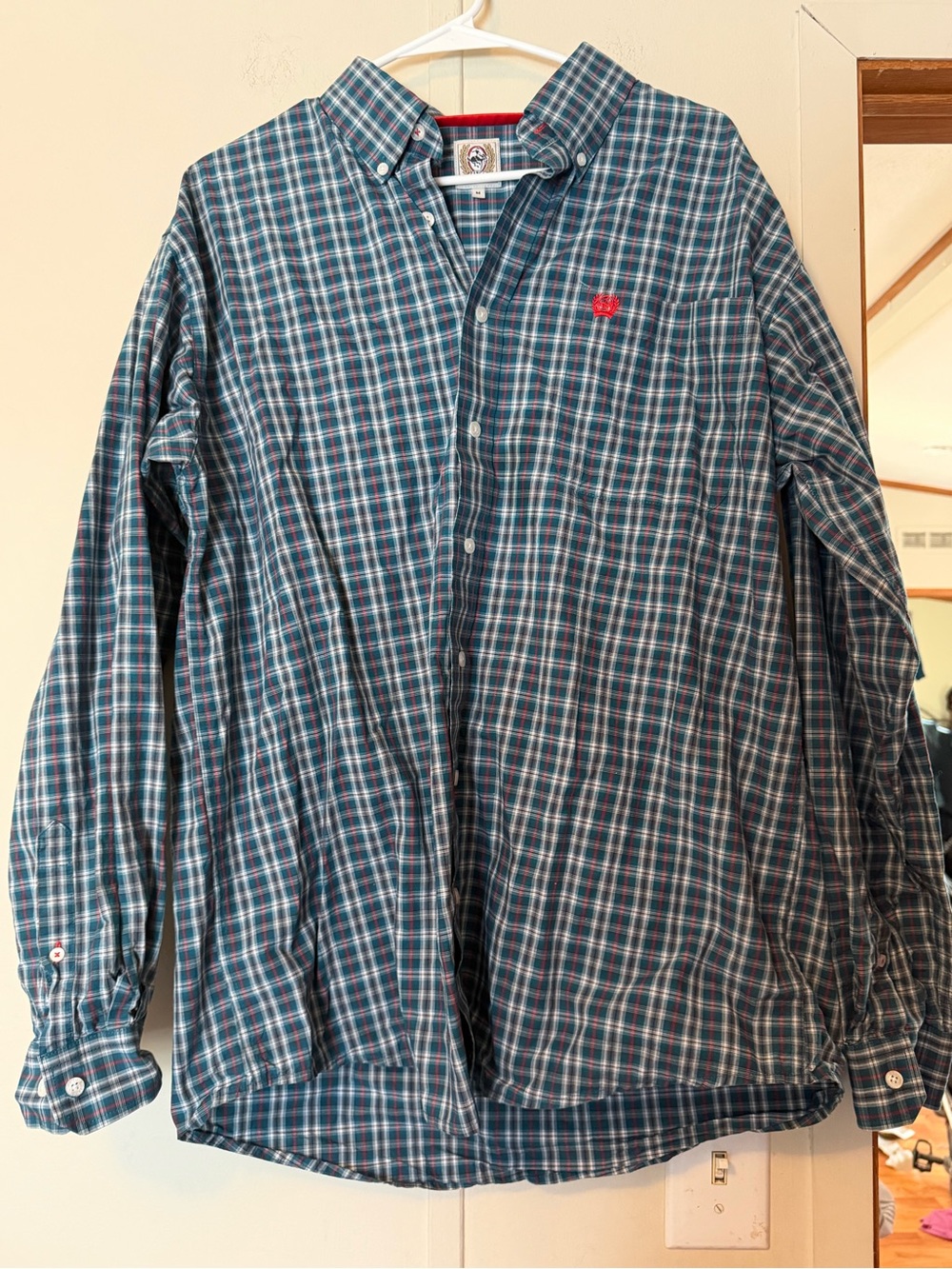 Cinch Men's Teal and Navy Plaid Button-Down Shirt with Red Logo Size Medium